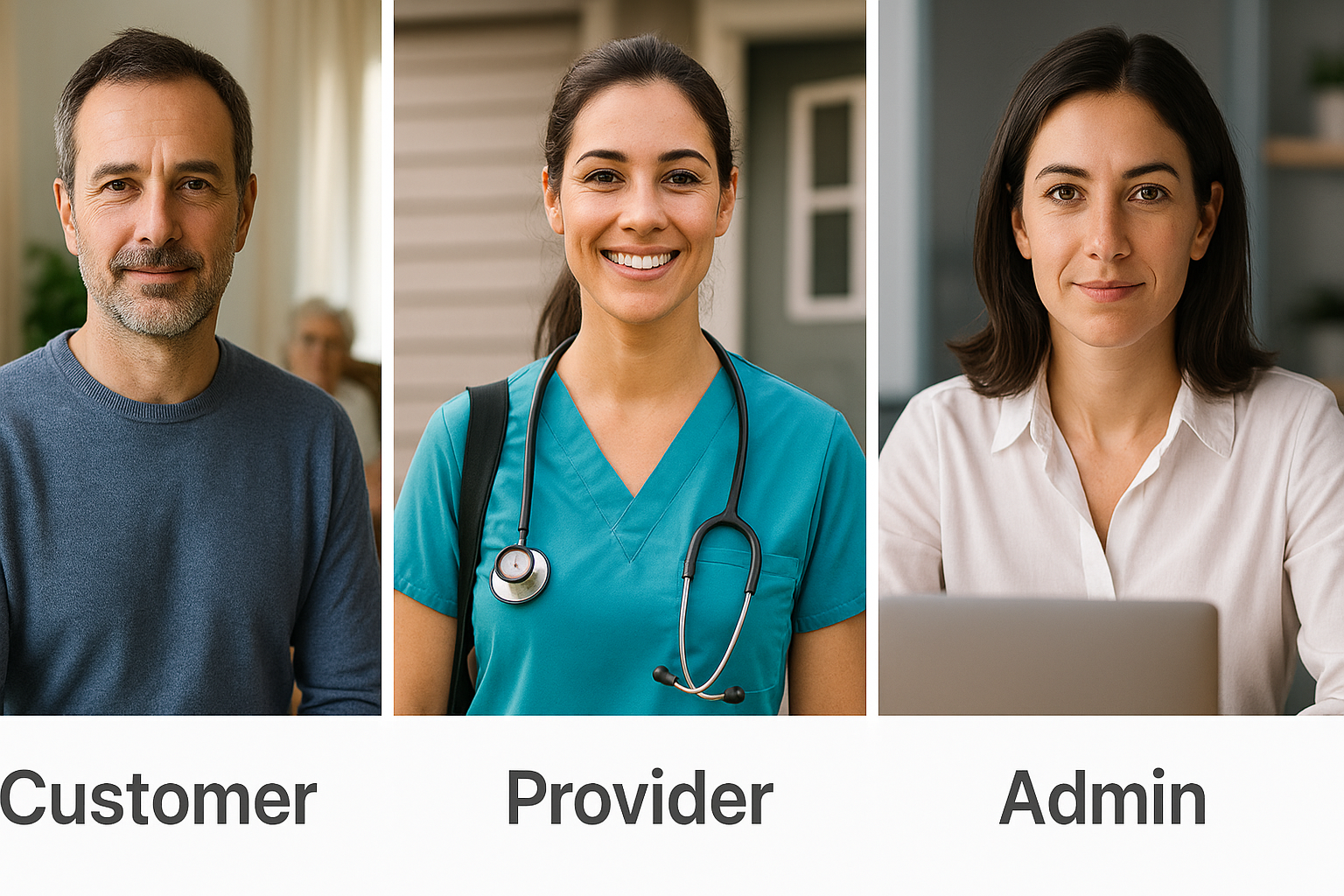 Three user roles: Customer, Provider, and Admin