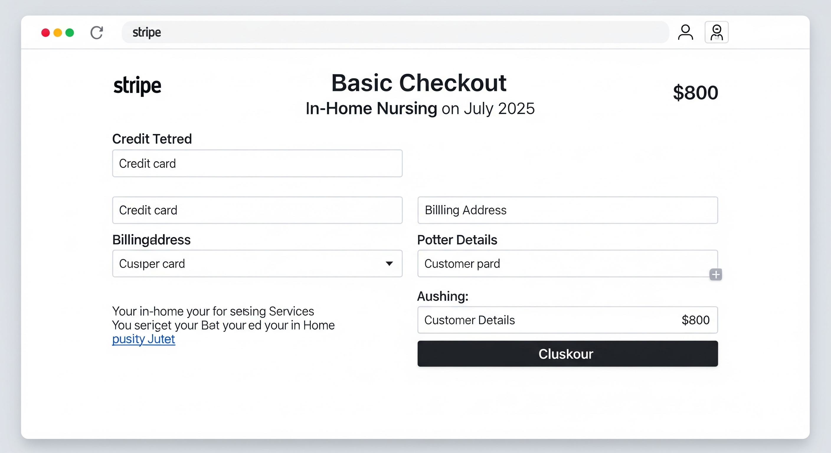 Stripe checkout page for in-home nursing service