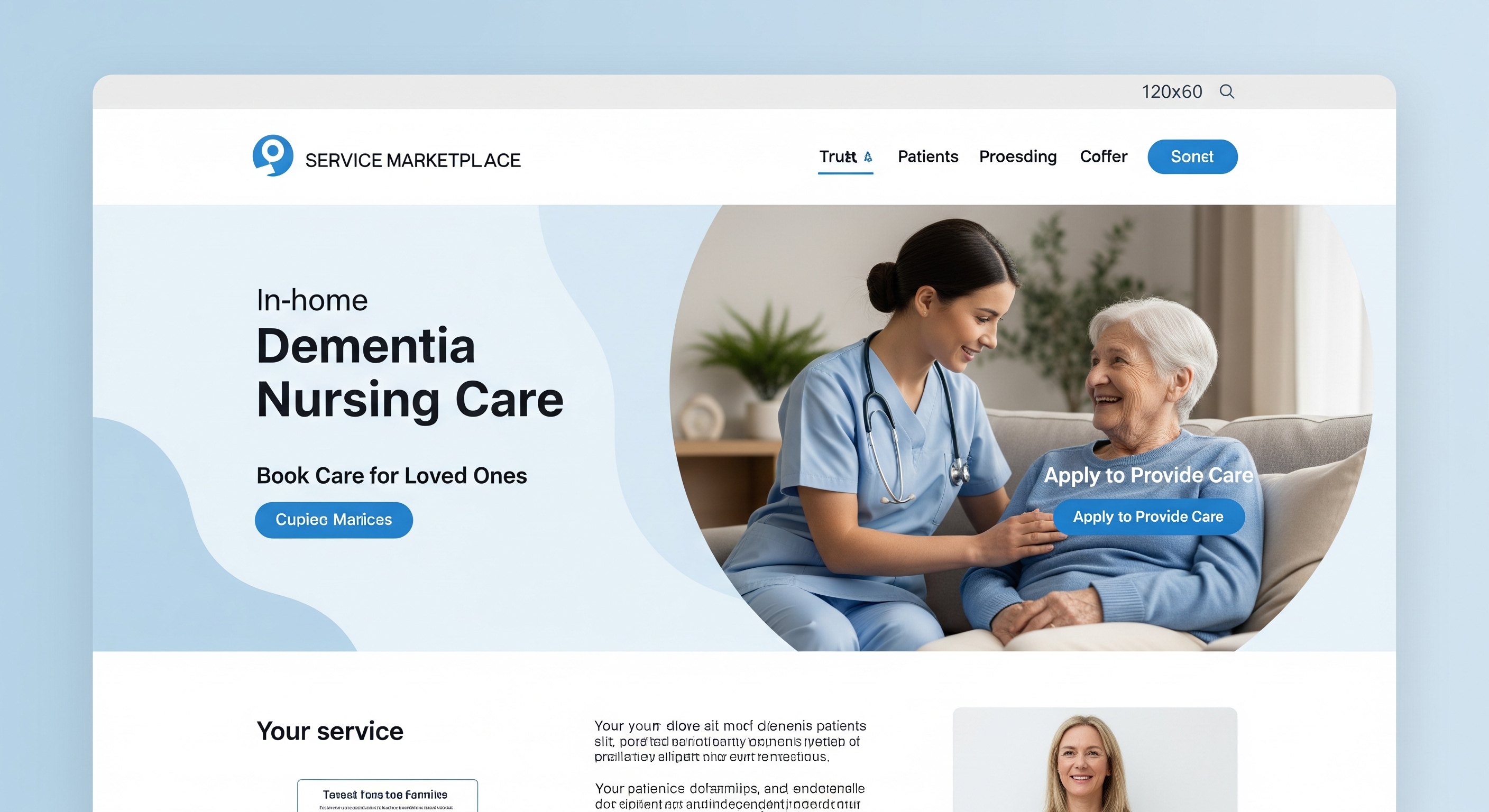 Marketplace homepage showing dementia nursing care services